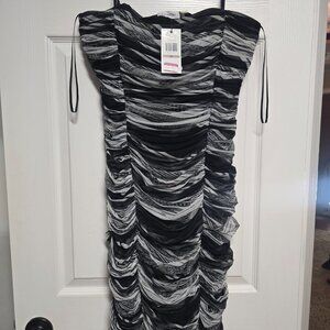 Calvin Klein Size 12 Black White Gauzey Rouched Dress Strapless Straps NEW NWT